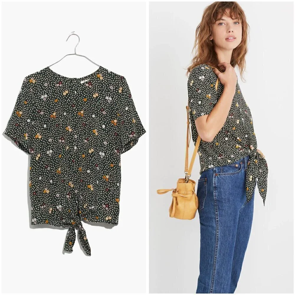 Madewell 100% Silk Button-Back Tie Tee in Dropleaf Floral in Forest Green Size S - Picture 2 of 9